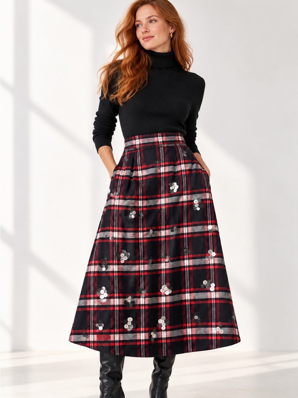 Anthropologie Maeve Tartan Plaid Sequin Floral Midi Skirt Size 2